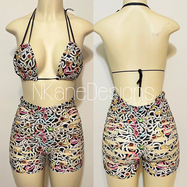 Black Multicolored Custom Made Two Piece Exotic Dancewear for Strippers String Bikini Shorts Dance Costume for Gogo Dancer